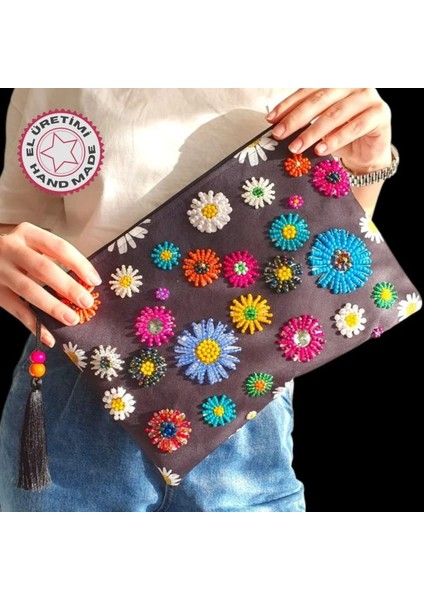 4152 El Yapımı Etnik Papatya Desenli Boncuk İşlemeli - Siyah Püsküllü Clutch Çanta