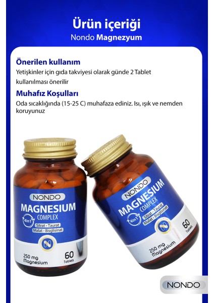 Magnezyum Kompleks 60 Tablet 250 mg 4 Form, Sitrat, Taurat, Malat, Bisglisinat, B6 Vitamini,