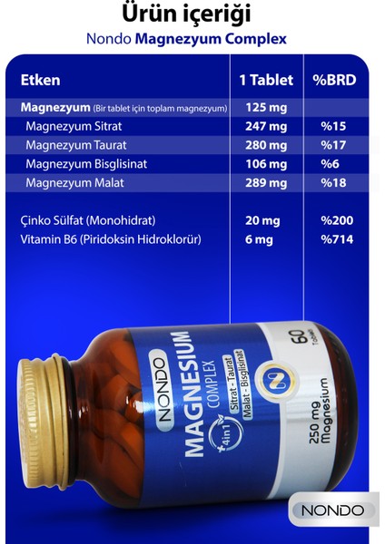 Magnezyum Kompleks 60 Tablet 250 mg 4 Form, Sitrat, Taurat, Malat, Bisglisinat, B6 Vitamini,