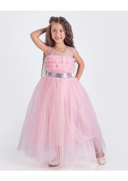 Sapes Model Sırt Gipeli Tüllü Kız Çocuk Askılı Saten Abiye MNK0618 Pembe