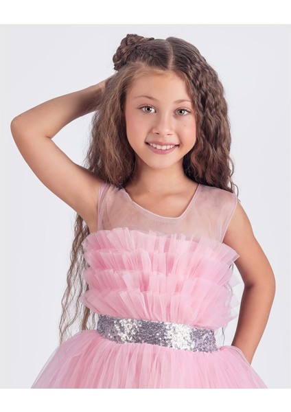 Sapes Model Sırt Gipeli Tüllü Kız Çocuk Askılı Saten Abiye MNK0618 Pembe fiyatları