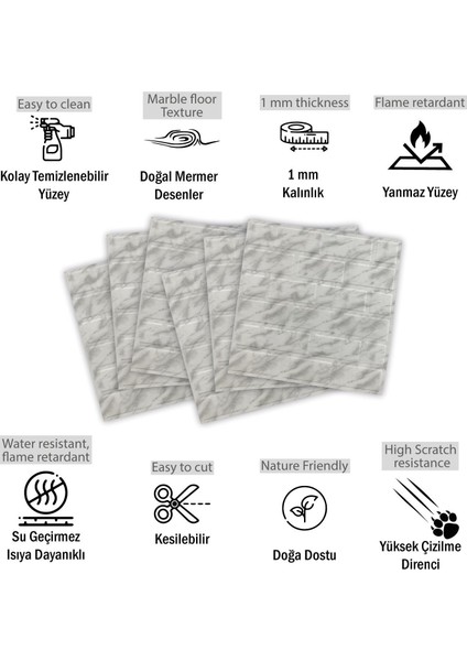 Kendinden Yapışkanlı 3 Boyutlu Duvar Paneli Mermer Metro Desen 41x41 Cm/ 6 Adet /1 M²