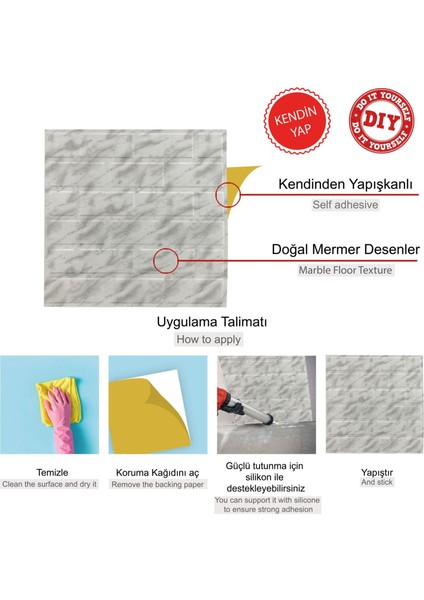 Kendinden Yapışkanlı 3 Boyutlu Duvar Paneli Mermer Metro Desen 41x41 Cm/ 6 Adet /1 M²