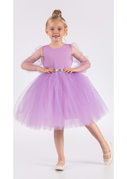 Kanatlı Kız Çocuk Şifon Kol Abiye MNK0534 Lila