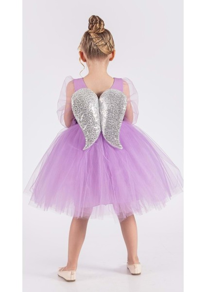 Kanatlı Kız Çocuk Şifon Kol Abiye MNK0534 Lila modelleri