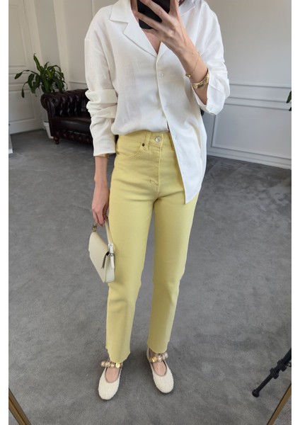 Kesik Paça Boyfit Jean- Sarı indirimleri