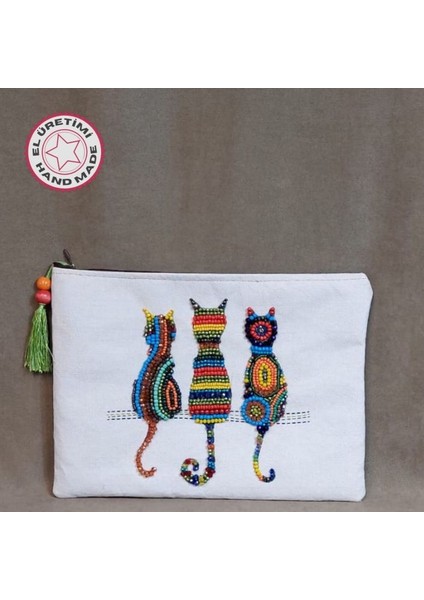 1714 El Yapımı Etnik Kedi Desenli Boncuk İşlemeli - Yeşil Püsküllü Clutch Çanta