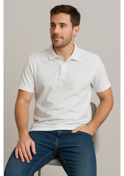 Erkek Beyaz Basic Polo Yaka Tişört - Rahat ve Şık Stil