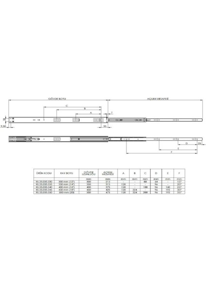 En 35 mm Frenli Teleskopik Bilyalı Çekmece Rayı - 40 cm (3 Takım)