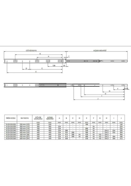 En 35 mm Teleskopik Bilyalı Çekmece Rayı - 30 cm (1 Takım)