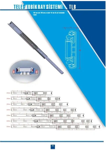 En 45 mm Teleskopik Bilyalı Çekmece Rayı 65 cm (1 Takım)
