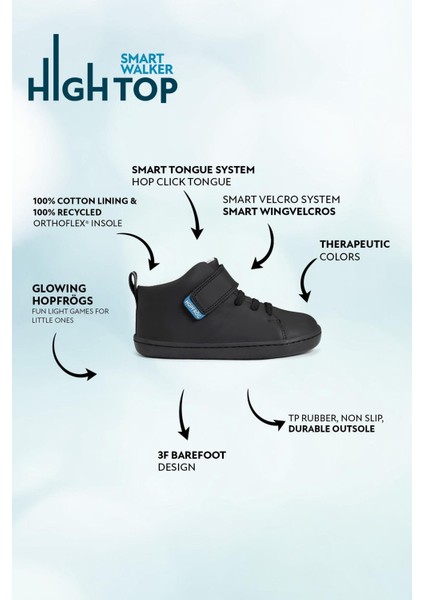 Smart Walker High Top Süper Mat Siyah Barefoot Çocuk Bot