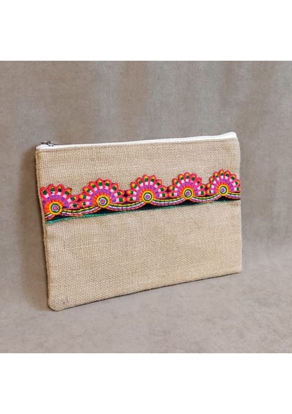 0773 El Yapımı Etnik Hint İşi Şerit Motifli Clutch Çanta