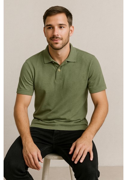Basic Fit Erkek Polo Yaka Haki Tişört