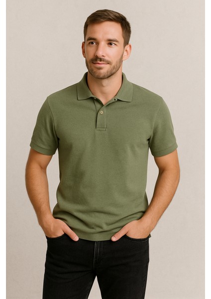 Basic Fit Erkek Polo Yaka Haki Tişört