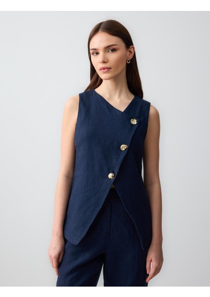 Lacivert Dar Kesim Düğme Detaylı Keten Dokuma Yelek