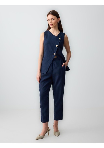 Lacivert Dar Kesim Düğme Detaylı Keten Dokuma Yelek fiyatları