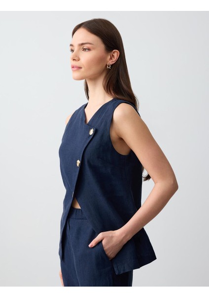 Lacivert Dar Kesim Düğme Detaylı Keten Dokuma Yelek modelleri