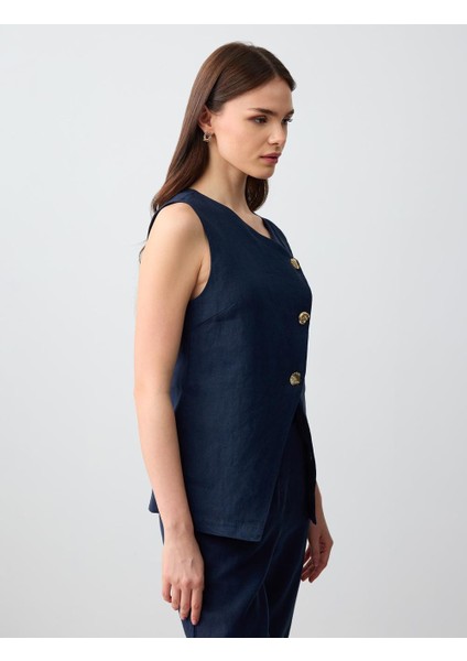 Lacivert Dar Kesim Düğme Detaylı Keten Dokuma Yelek fırsatları