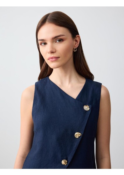 Lacivert Dar Kesim Düğme Detaylı Keten Dokuma Yelek indirimleri