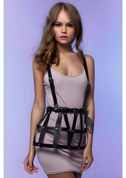 Kafes Tasarımlı Askılı Mini Elbise Üzeri Deri Harness - BRF1252