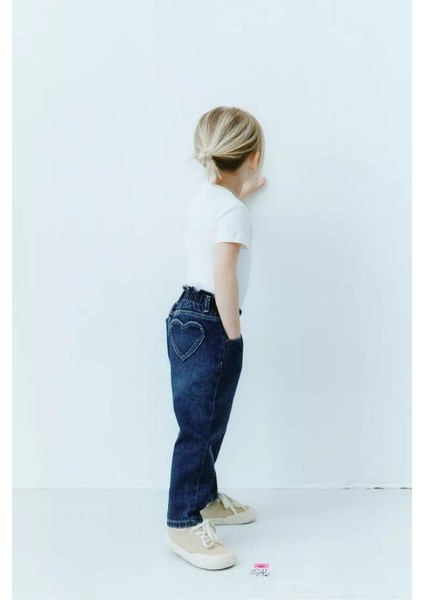 Kız Çocuk Kalp Cepli Denim Kot Pantolon Mavi indirimleri