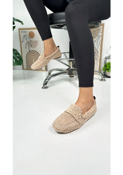 Günlük Kadın Loafer Peluş Astarlı Oval Burunlu Alçak Desenli Tabanlı Ayakkabı 375