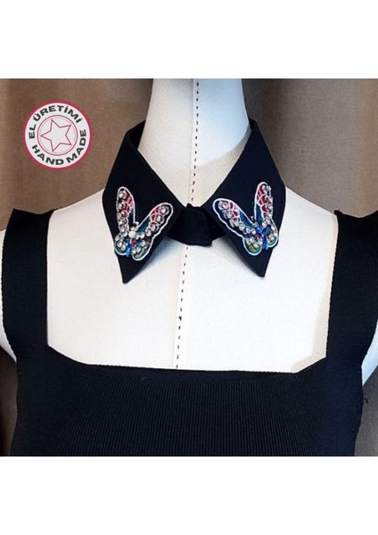 0620 El Yapımı Kadın Kelebek Desenli Siyah Seyyar Yaka Boncuklu Choker Kolye