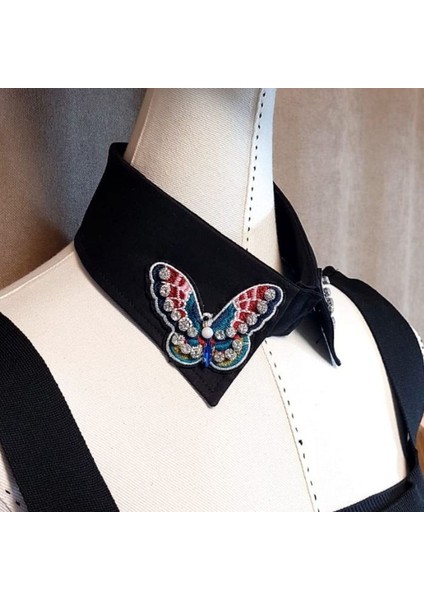 0620 El Yapımı Kadın Kelebek Desenli Siyah Seyyar Yaka Boncuklu Choker Kolye fırsatları