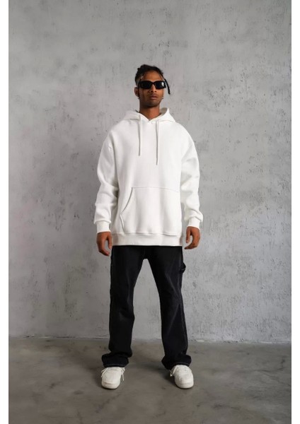 Erkek Düz Kapüşonlu Sweat - Beyaz