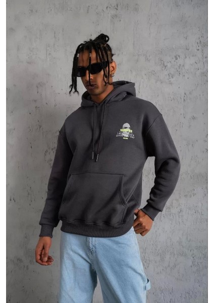 Erkek Kordonlu Maske Baskılı Kapşonlu Sweat - Gri