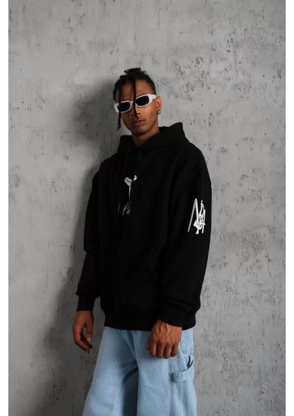 Erkek Baskılı Kapüşonlu Sweat - Siyah