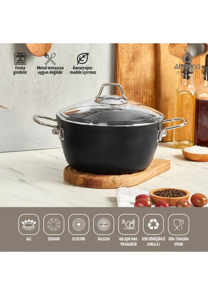 Dark Granit Derin Tencere Cam Kapaklı Yanmaz Yapışmaz Titanyum Kaplama -26 cm