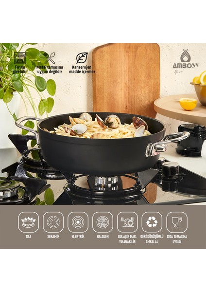Dark 30cm Granit Basık Tencere Cam Kapaklı Yanmaz Yapışmaz Titanyum Kaplama - 30 cm