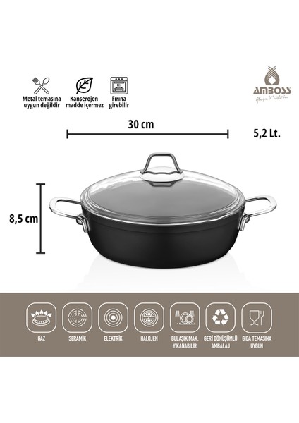 Dark 30cm Granit Basık Tencere Cam Kapaklı Yanmaz Yapışmaz Titanyum Kaplama - 30 cm