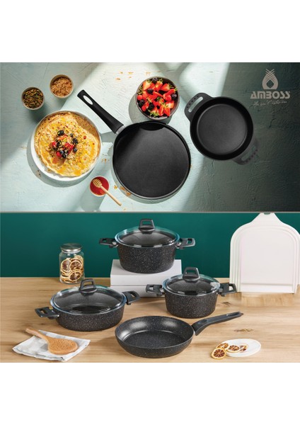 Asten - 7 Parça Orion (Siyah) + 26 cm Krep Tava + 18 cm Kuvars Sahan