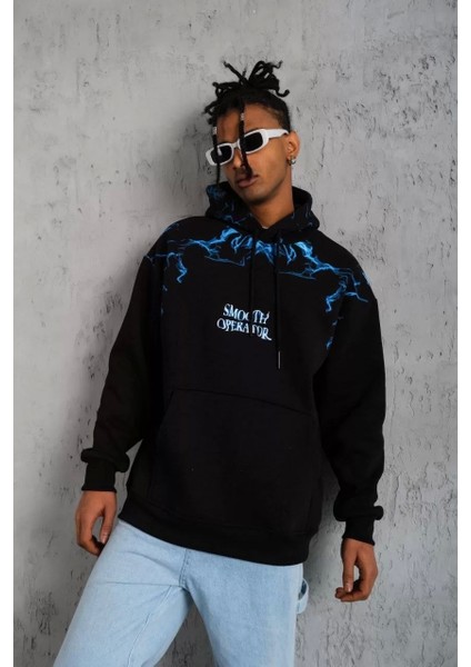 Erkek Yıldırım Baskılı Kapşonlu Sweat - Siyah
