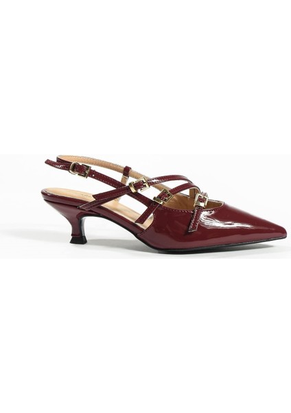 Dudi Cherry Red Bordo Rugan Sivri Burun Tokalı 5 cm Topuklu Ayakkabı Stiletto