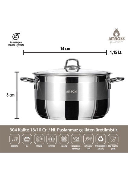 Saphire Paslanmaz Çelik Cam Kapaklı Derin Tencere 14 cm
