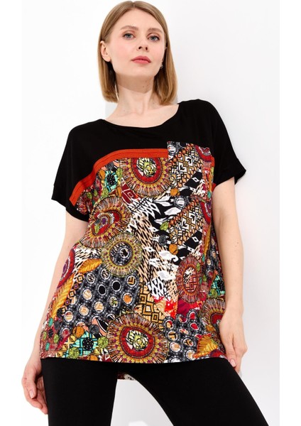 Kadın Karışık Desenli Düşük Kollu Penye T-shirt Siyah