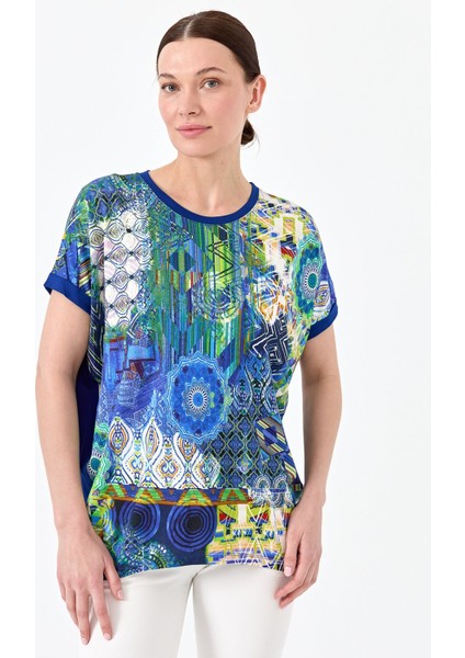 Kadın Sıfır Yaka Önü Desenli Penye T-Shirt 23712 Saks