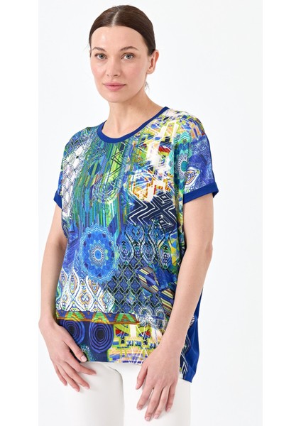 Kadın Sıfır Yaka Önü Desenli Penye T-Shirt 23712 Saks modelleri