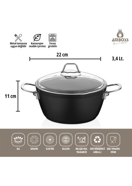 Dark Granit Derin Tencere Cam Kapaklı Yanmaz Yapışmaz Titanyum Kaplama 22 cm