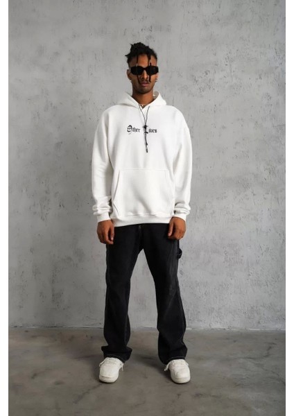Erkek Sırt Baskılı Oversize Üç Iplik Kapüşonlu Sweatshirt - Beyaz modelleri