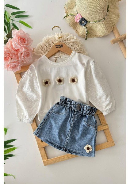 Minigimin Cicileri Örgü Papatya Desenli Kot Etekli Kız Çocuk 2 li takım - Krem