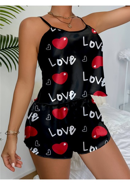 Aşk Temalı Kalp Desenli Siyah Saten Şortlu Gecelik Takım