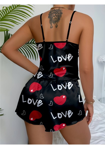 Aşk Temalı Kalp Desenli Siyah Saten Şortlu Gecelik Takım fiyatları