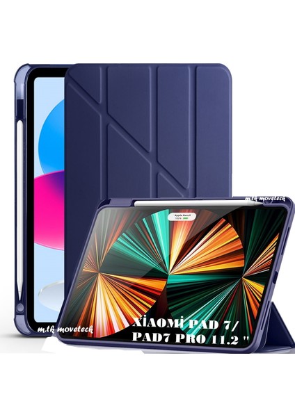 Mi Pad 7/7 Pro 11.2 Inç Uyumlu Kılıf Kalem Bölmeli Üçgen Katlanır Standlı Yumuşak Ön Arka Kapaklı Silikon