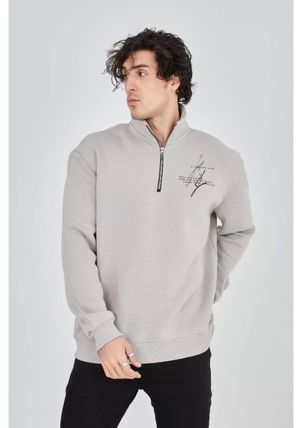 Erkek Yarım Fermuarlı Baskılı Sweat - Boyalı Gri