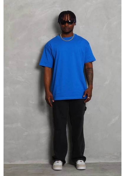 Oversize Düz Bisiklet Yaka T-Shirt - Mavi